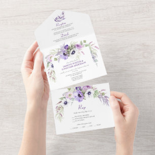 Paarse Lavendel & Witte Anemonen Bloemen   All In One Uitnodiging