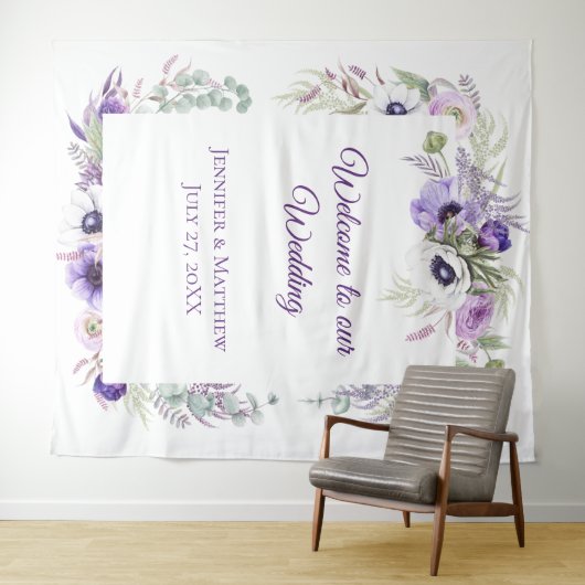 Paarse lavendel & witte anemonen bloemig | tapeste wandkleed (In Situ (horizontaal))