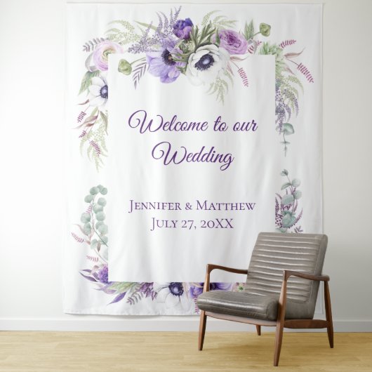 Paarse lavendel & witte anemonen bloemig | tapeste wandkleed (In situ)