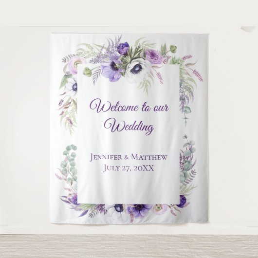 Paarse lavendel & witte anemoon bloemen | Tapijt Wandkleed (Voorkant)