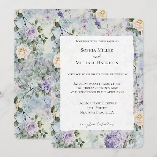  Paarse Lavendel Witte Bloemen Wedding Kaart (Voorkant / Achterkant)