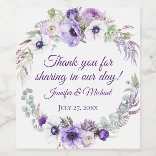 Paarse lavendel witte bloemenkrans bruiloft | wijn etiket (Enkel label)