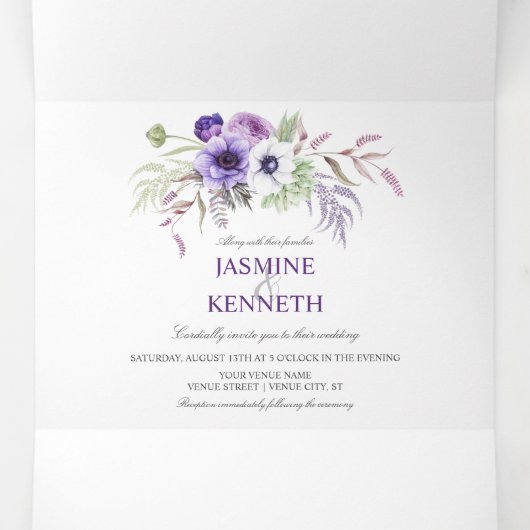 Paarse Lavendel Witte Waterverf Bloemen Bruiloft Drieluik Uitnodiging (Binnenkant midden)