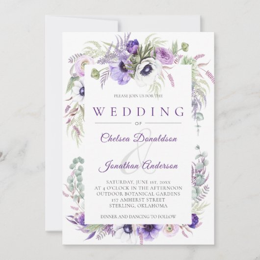 Paarse Lavendel Witte Waterverf Bloemen Bruiloft Kaart (Voorkant)