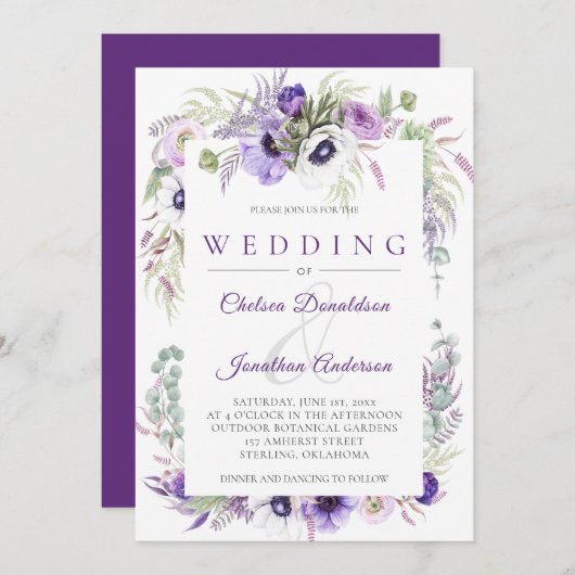 Paarse Lavendel Witte Waterverf Bloemen Bruiloft Kaart (Voorkant / Achterkant)