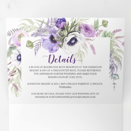 Paarse Lavendel Witte Waterverf Bloemen Lijst | Drieluik Uitnodiging (Binnenzijde eerst)