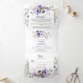 Paarse Lavendel Witte Waterverf Bloemen Lijst | Drieluik Uitnodiging (Binnen)