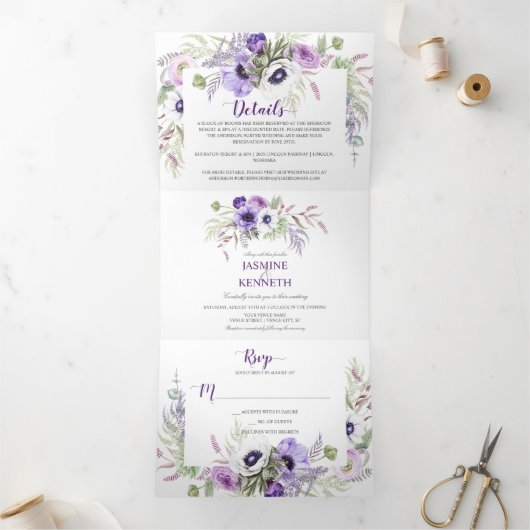 Paarse Lavendel Witte Waterverf Bloemen Lijst | Drieluik Uitnodiging (Binnen)