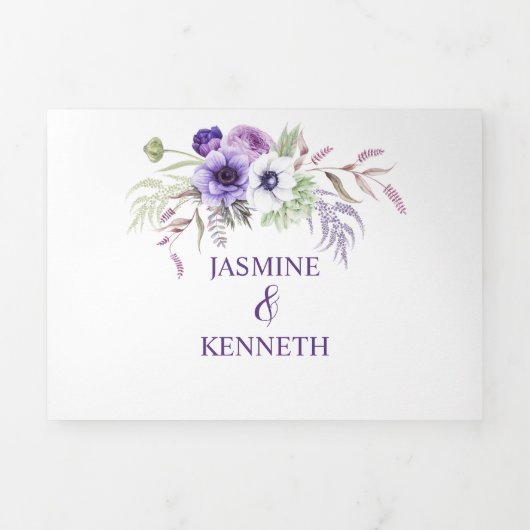 Paarse Lavendel Witte Waterverf Bloemen Wit Drieluik Uitnodiging (Cover)