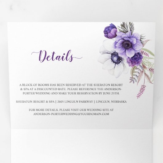 Paarse Lavendel Witte Waterverf Bloemen Wit Drieluik Uitnodiging (Binnenzijde eerst)