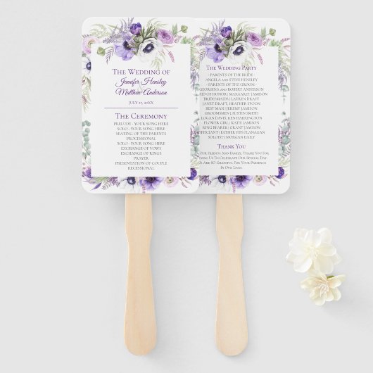 Paarse, Lavendel, Witte Waterverf Bloemenbruiloft Handwaaier (Voorkant en achterkant)
