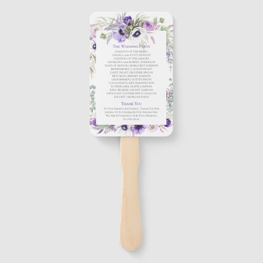 Paarse, Lavendel, Witte Waterverf Bloemenbruiloft Handwaaier (Achterkant)