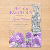 Paarse Lavendel & Zilver 50ste Verjaardagsfeestje Acryl Uitnodigingen (Voorkant)