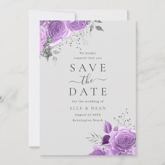 Paarse Lavendel & Zilveren Bloem Elegant Trouwen  Save The Date (Voorkant)