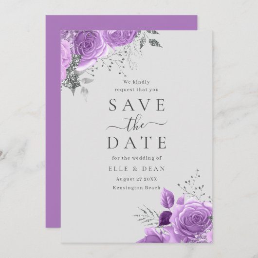 Paarse Lavendel & Zilveren Bloem Elegant Trouwen  Save The Date (Voorkant / Achterkant)