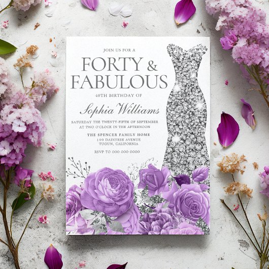 Paarse Lavendel & Zilveren Gown 40ste Verjaardagsf Kaart