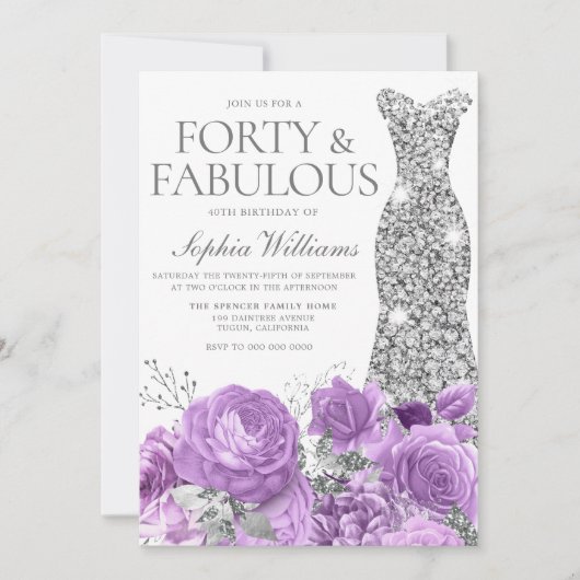 Paarse Lavendel & Zilveren Gown 40ste Verjaardagsf Kaart (Voorkant)