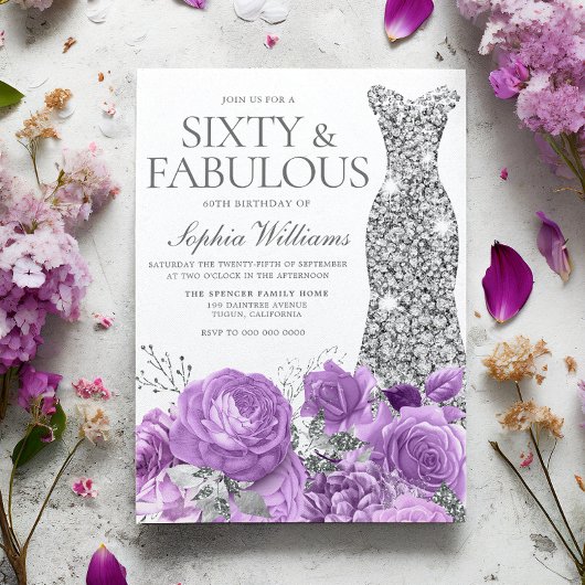 Paarse Lavendel & Zilveren Jurk 60e Verjaardagsfee Kaart