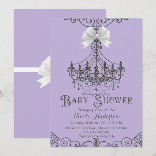 Paarse Lavendel & Zilveren Witte Boog Baby shower Kaart (Voorkant / Achterkant)