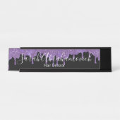 Paarse Lavendel & Zwart Glitter Drips Desk Sign Bureau Naambordje (Voorkant)