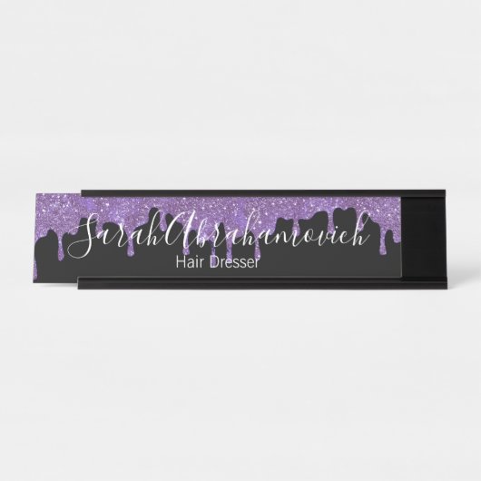 Paarse Lavendel & Zwart Glitter Drips Desk Sign Bureau Naambordje (Voorkant)