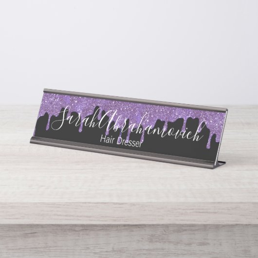 Paarse Lavendel & Zwart Glitter Drips Desk Sign Bureau Naambordje (Voorkant)