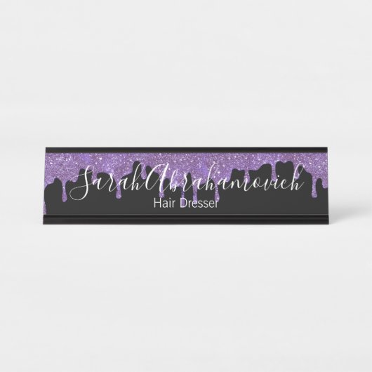 Paarse Lavendel & Zwart Glitter Drips Desk Sign Bureau Naambordje (Voorkant)