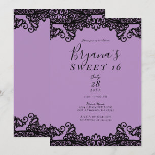 Paarse Lavendel & Zwarte Kant Sweet 16 Feestje Kaart