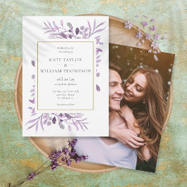 Paarse lavendelbladgoud foto bruiloft kaart
