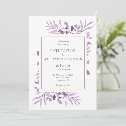 Paarse lavendelbladgoud foto bruiloft kaart (Staand voorkant)