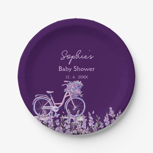 Paarse lavendelbloem Fietstaart Baby Shower bord (Voorkant)