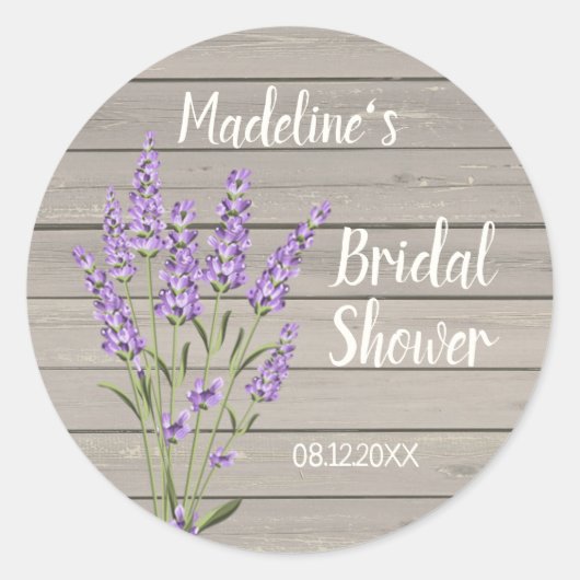 Paarse lavendelbloemen op hout Bruidsdouche  Cla Ronde Sticker (Voorkant)