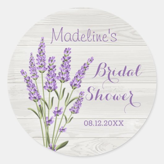Paarse lavendelbloemen op hout Bruidsdouche Ronde Sticker (Voorkant)