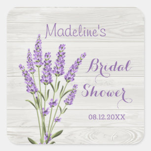 Paarse lavendelbloemen op hout Bruidsdouche   Vierkante Sticker