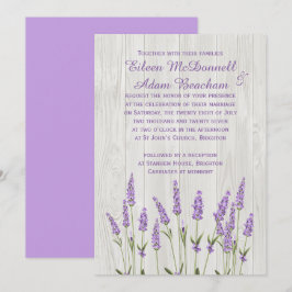 Paarse lavendelbloemen op hout Bruiloft Kaart