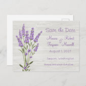 Paarse lavendelbloemen op hout Save the Date Briefkaart (Voorkant / Achterkant)