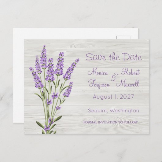 Paarse lavendelbloemen op hout Save the Date Briefkaart (Voorkant / Achterkant)
