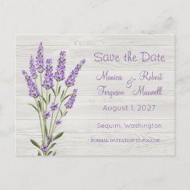 Paarse lavendelbloemen op hout Save the Date Briefkaart