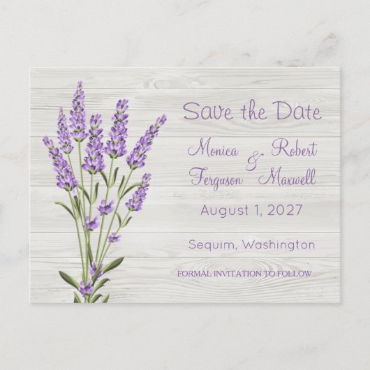 Paarse lavendelbloemen op hout Save the Date Briefkaart (Voorkant)
