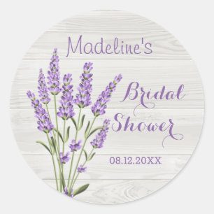 Paarse lavendelbloemen op houten Bruidsdouche Ronde Sticker