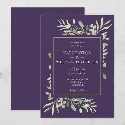 Paarse lavendelgroen elegante gouden bruiloft kaart (Voorkant / Achterkant)