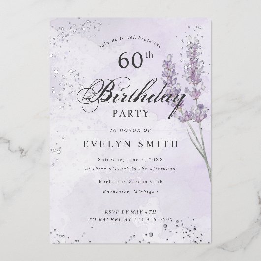 Paarse lavender 60e verjaardag zilver folie uitnodiging (Voorkant)