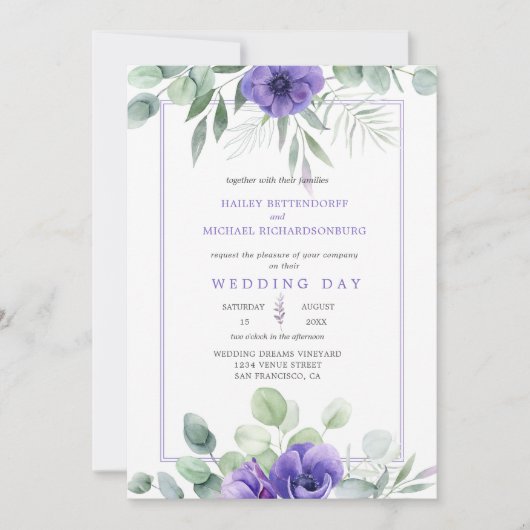 Paarse lavender Anemones en Greenery Border Kaart (Voorkant)