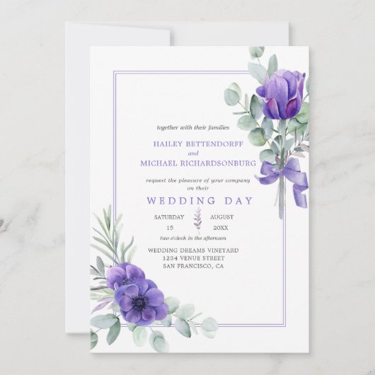 Paarse lavender Anemones en Greenery Lijst Kaart (Voorkant)