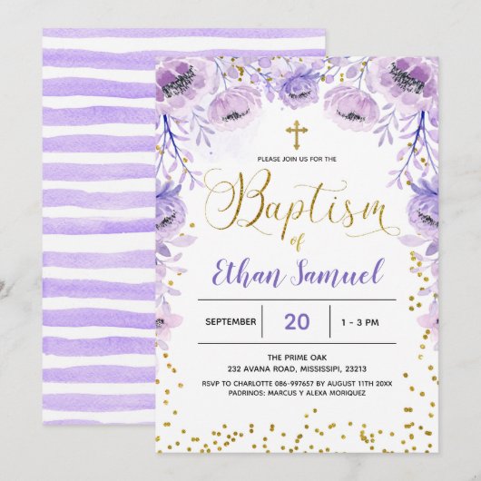 Paarse lavender Baptisme Floral Invitation Kaart (Voorkant / Achterkant)