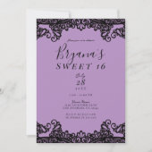 Paarse lavender & Black Lace Sweet 16 Party Kaart (Voorkant)