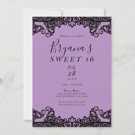 Paarse lavender & Black Lace Sweet 16 Party Kaart (Voorkant)