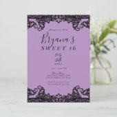 Paarse lavender & Black Lace Sweet 16 Party Kaart (Staand voorkant)