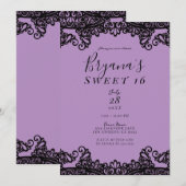 Paarse lavender & Black Lace Sweet 16 Party Kaart (Voorkant / Achterkant)