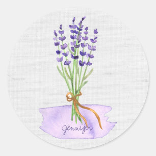 Paarse Lavender Bouquet op Rustic Linen Burlap Ronde Sticker